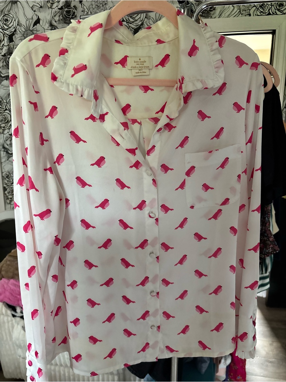 kate spade White Blouse with Hot Pink Bird Print